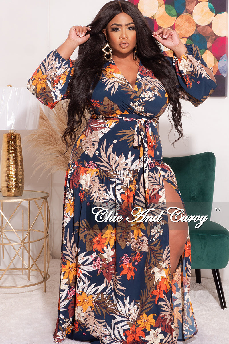 Final Sale Plus Size Faux Wrap Dress With Tie and Side Slit in Navy Mu –  Chic And Curvy